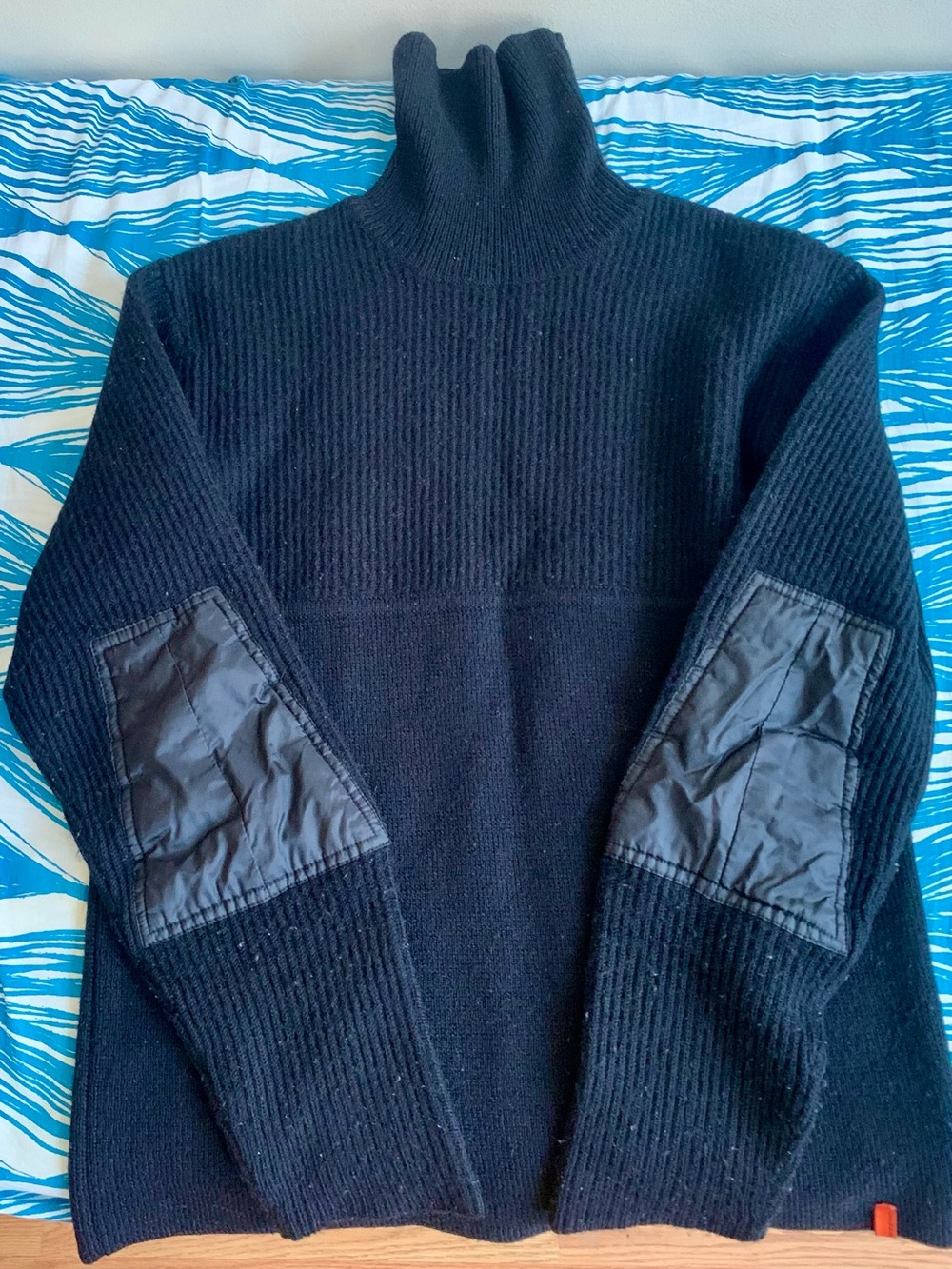 DKNY JEANS Black Men's Ribbed Turtleneck Wool Sweater with Quilted Elbow Patches